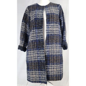 Papillon Plaid Open Front Cardigan Jacket Multicolor Blue Gray Woven Women's M